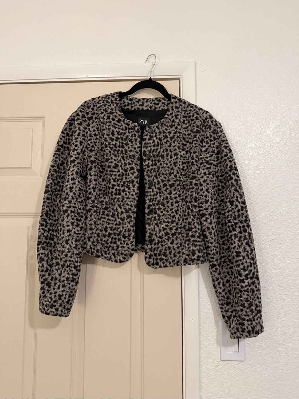Zara Black and Cream Leopard-Print Cropped Bomber Jacket